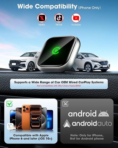 محول Carplay اللاسلكي لجهاز iPhone - يدعم نظام الملاحة GPS، دونجل لاسلكي لـ Apple Carplay، متوافق مع OEM CarPlay السلكي في السيارات (2016 والأحدث) والدراجات النارية in Kuwait