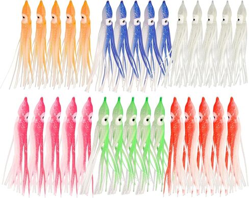 30pcs Luminous Squid Fishing Lures, Glow Octopus Skirts Squid Skirts Trolling Lures, Trolling Saltwater Baits Soft Fishing Lure for Bass Salmon in Saudi Arabia
