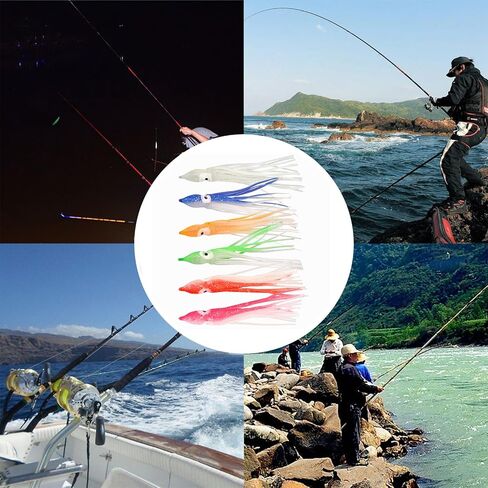 30pcs Luminous Squid Fishing Lures, Glow Octopus Skirts Squid Skirts Trolling Lures, Trolling Saltwater Baits Soft Fishing Lure for Bass Salmon in Saudi Arabia