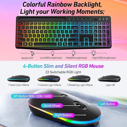 SaharaCase - Rechargeable Silent Wireless Keyboard & Mouse Combo | 106 Keys | RGB Backlight | USB & Type-C Adapter | Black in Saudi Arabia