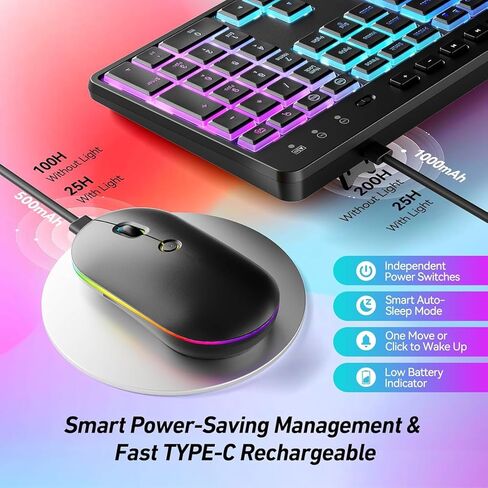 SaharaCase - Rechargeable Silent Wireless Keyboard & Mouse Combo | 106 Keys | RGB Backlight | USB & Type-C Adapter | Black in Saudi Arabia