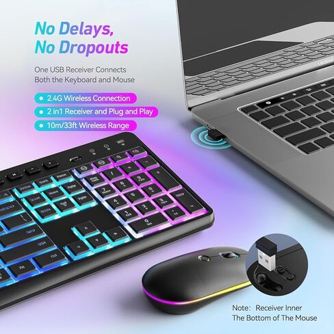 SaharaCase - Rechargeable Silent Wireless Keyboard & Mouse Combo | 106 Keys | RGB Backlight | USB & Type-C Adapter | Black in Saudi Arabia