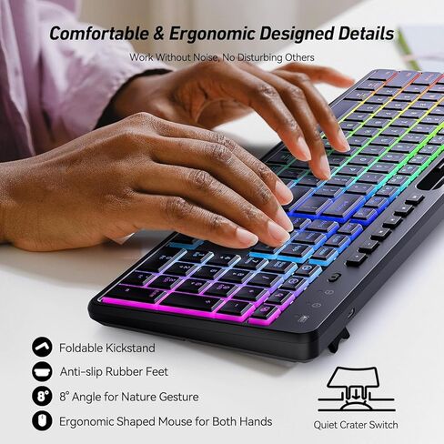 SaharaCase - Rechargeable Silent Wireless Keyboard & Mouse Combo | 106 Keys | RGB Backlight | USB & Type-C Adapter | Black in Saudi Arabia