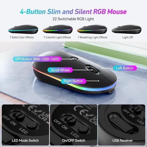 SaharaCase - Rechargeable Silent Wireless Keyboard & Mouse Combo | 106 Keys | RGB Backlight | USB & Type-C Adapter | Black in Saudi Arabia