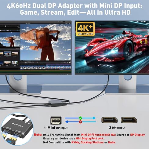 محول Mini DisplayPort إلى Dual DisplayPort، 4K60 هرتز Thunderbolt 2 ذكر إلى 2 DP أنثى محول عرض ممتد، Mini DP 1.4 Spitter لجهاز MacBook Air/Pro، Mac mini، Surface Pro/Dock in Kuwait