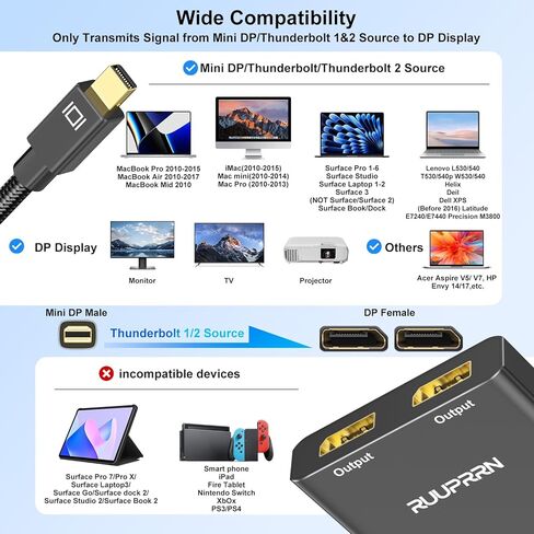 محول Mini DisplayPort إلى Dual DisplayPort، 4K60 هرتز Thunderbolt 2 ذكر إلى 2 DP أنثى محول عرض ممتد، Mini DP 1.4 Spitter لجهاز MacBook Air/Pro، Mac mini، Surface Pro/Dock in Kuwait