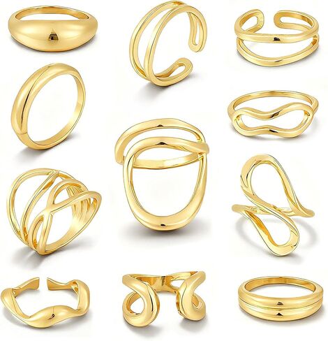 FAXHION 12PCS Gold Stackable Rings Set for Women, 18K Gold Plated Open Stacking Knuckle Ring, Adjustable Chunky Signet Rings for Gift in Kuwait
