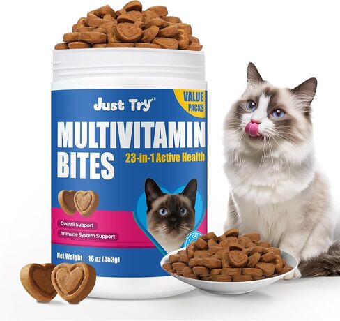 Just Try 23 in 1 Taurine for Cats Vitamins Bites - Cat Treats for Immune, Skin & Coat & Heart Health - Multivitamin, Omega 3, Biotin, Lysine for Cats - Daily Supplements 300 Bites in Saudi Arabia