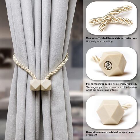 Magnetic Curtain Tiebacks - Extra Thick Twist Rope with Strong Magnet Holdbacks for Window Treatment, Drapery Holders, Decorative Drape Handmade Tie Back (Black, 2 Pack) in Saudi Arabia