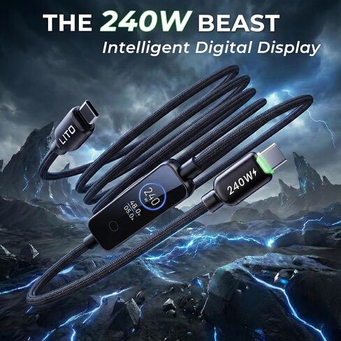 LITO 240W USB C to USB C Cable with TFT Color Screen, PD 3.1 Fast Charging Premium 48-Strand Nylon Braided Cord Compatible with iPhone 17/16/15, MacBook, Laptop,Tablet, Galaxy, Pixel, Steam Deck,4ft in Kuwait