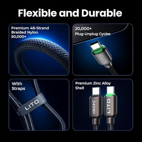 LITO 240W USB C to USB C Cable with TFT Color Screen, PD 3.1 Fast Charging Premium 48-Strand Nylon Braided Cord Compatible with iPhone 17/16/15, MacBook, Laptop,Tablet, Galaxy, Pixel, Steam Deck,4ft in Kuwait