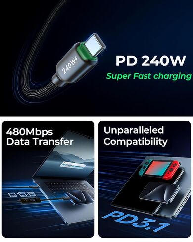 كابل LITO 240 واط USB C إلى USB C مع شاشة TFT ملونة، PD 3.1 شحن سريع ممتاز 48 حبلا من النايلون المضفر متوافق مع iPhone 17/16/15، MacBook، الكمبيوتر المحمول، الكمبيوتر اللوحي، Galaxy، Pixel، Steam Deck، 4 أقدام in Saudi Arabia