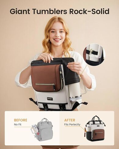 LOVEVOOK Laptop Backpack for Women with Giant Tumbler Holder,15.6 inch Professional Nurse Teacher Backpack Computer Laptop Bag,Cute Waterproof Travel Backpack Purse Work College Bag, Beige-Black-Brown in Kuwait