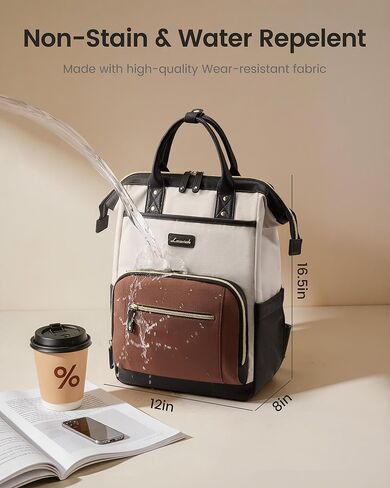 LOVEVOOK Laptop Backpack for Women with Giant Tumbler Holder,15.6 inch Professional Nurse Teacher Backpack Computer Laptop Bag,Cute Waterproof Travel Backpack Purse Work College Bag, Beige-Black-Brown in Kuwait