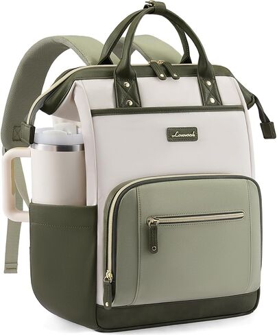 LOVEVOOK Laptop Backpack for Women with Giant Tumbler Holder,15.6 inch Professional Nurse Teacher Backpack Computer Laptop Bag,Cute Waterproof Travel Backpack Purse Work College Bag, Beige-Black-Brown in Kuwait