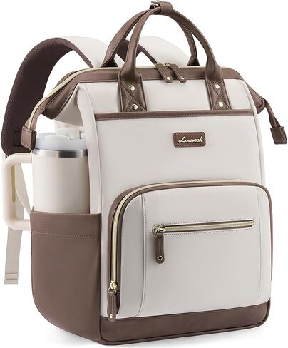 LOVEVOOK Laptop Backpack for Women with Giant Tumbler Holder,15.6 inch Professional Nurse Teacher Backpack Computer Laptop Bag,Cute Waterproof Travel Backpack Purse Work College Bag, Beige-Black-Brown in Kuwait