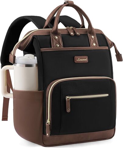 LOVEVOOK Laptop Backpack for Women with Giant Tumbler Holder,15.6 inch Professional Nurse Teacher Backpack Computer Laptop Bag,Cute Waterproof Travel Backpack Purse Work College Bag, Beige-Black-Brown in Kuwait