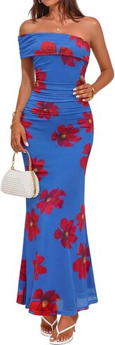 MEROKEETY Women's Floral Maxi Dress 2026 Summer Off Shoulder Ruched Mesh Bodycon Cocktail Wedding Guest Party Dresses in Saudi Arabia