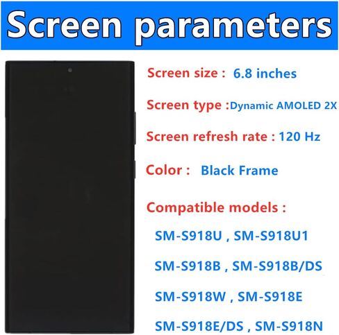 Original 6.8" AMOLED Display for Samsung Galaxy S23 Ultra Screen Replacement OEM S23Ultra 5G SM-S918U SM-S918U1 Display Touch Screen Digitizer Assembly. (with Black Frame+Back Cover Adhesive+Tools) in Kuwait