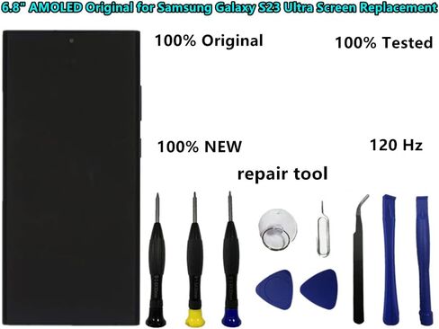 Original 6.8" AMOLED Display for Samsung Galaxy S23 Ultra Screen Replacement OEM S23Ultra 5G SM-S918U SM-S918U1 Display Touch Screen Digitizer Assembly. (with Black Frame+Back Cover Adhesive+Tools) in Kuwait