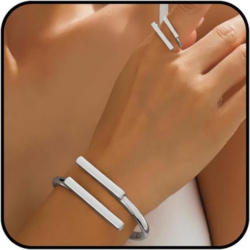 Chunky Gold Bracelet and Ring Jewelry Set,Thick Bracelets Stack Statement Rings Set Non Tarnish Chunky Bangles Jewelry Gits for Women in Saudi Arabia