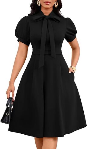 فساتين Nmoder متوسطة الطول للنساء، مقاس شبه رسمي وربطة عنق واسعة وأكمام منتفخة أنيقة لحفلات الكوكتيل والصيف فستان قصير in Kuwait