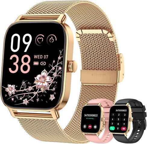 ساعة ذكية للنساء Android/iPhone: ساعات ذكية لتتبع اللياقة البدنية باللون الذهبي الوردي IP68 مقاومة للماء لمكالمات بلوتوث الرد على المكالمات وإجراء 1.85 بوصة ساعة ذكية للنشاط عداد الخطى معدل ضربات القلب SpO2 مراقب 120+ طراز رياضي in Kuwait
