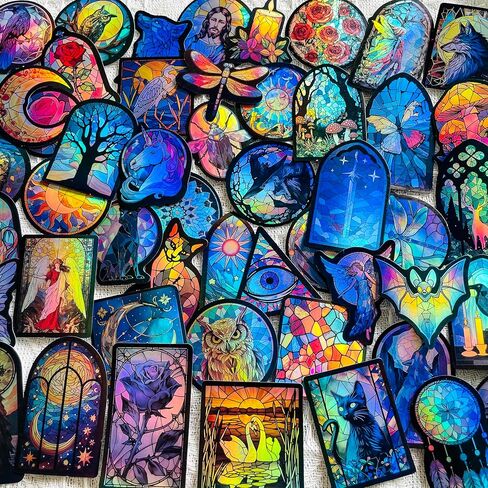 50PCS Holographic Gothic Stained Glass Stickers – Vintage Aesthetic Religious Fantasy and Nature Vinyl Waterproof Decals for Scrapbooking, Journals, Laptops, Water Bottles in Saudi Arabia