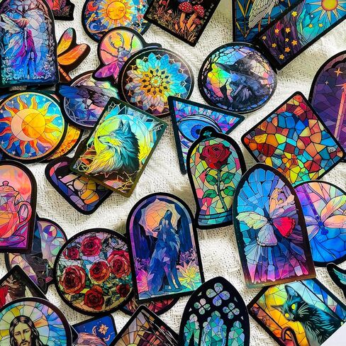 50PCS Holographic Gothic Stained Glass Stickers – Vintage Aesthetic Religious Fantasy and Nature Vinyl Waterproof Decals for Scrapbooking, Journals, Laptops, Water Bottles in Saudi Arabia