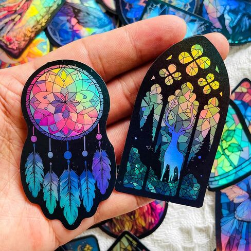 50PCS Holographic Gothic Stained Glass Stickers – Vintage Aesthetic Religious Fantasy and Nature Vinyl Waterproof Decals for Scrapbooking, Journals, Laptops, Water Bottles in Saudi Arabia