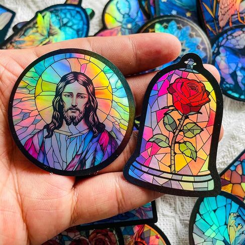 50PCS Holographic Gothic Stained Glass Stickers – Vintage Aesthetic Religious Fantasy and Nature Vinyl Waterproof Decals for Scrapbooking, Journals, Laptops, Water Bottles in Saudi Arabia