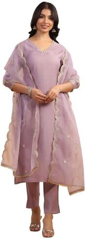 مجموعة كورتا نسائية من Janasya Indian Chanderi Silk Lavender Solid ملابس احتفالية للنساء in Kuwait