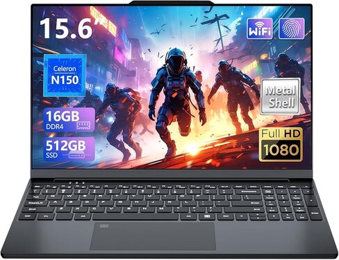 Gaming Laptop, 15.6 Inch Laptop Computer with N150 Processor(up to 3.6GHz), 16GB RAM 512GB SSD,Backlit Keyboard, FHD 1920 * 1080,WIFI 5,BT 4.2,Fingerprint unlocking,Win 11 Pro,laptops for gaming in Kuwait