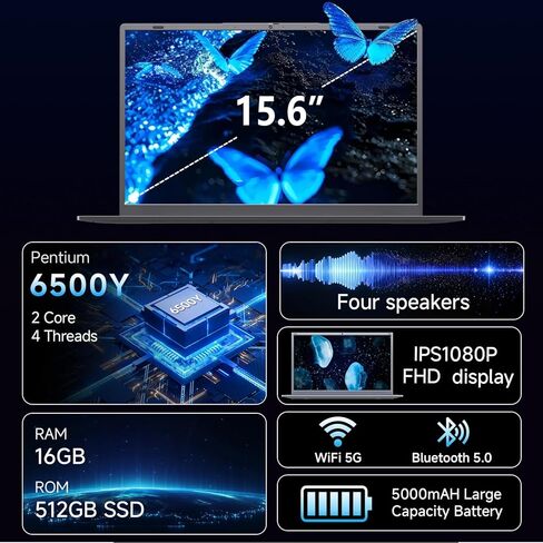 كمبيوتر محمول 15.6 بوصة، ذاكرة الوصول العشوائي 16 جيجابايت، 512 جيجابايت SSD، معالج بنتيوم ذهبي (يصل إلى 3.4 جيجا هرتز)، قابل للتوسيع حتى 1 تيرابايت، شاشة IPS FHD، 38 وات، USB3.2، النوع C، HDMI، WiFi 5، كمبيوتر محمول Win11، أجهزة الكمبيوتر المحمولة المحمو in Kuwait