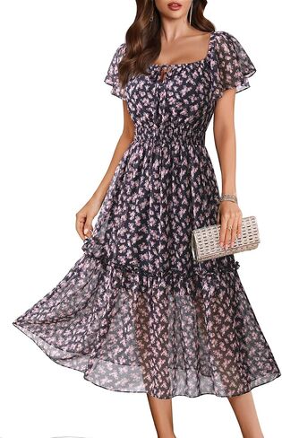 فستان Gaharu نسائي صيفي متوسط ​​الطول منقوش عليه زهور 2026 بأكمام رفرفة مكشكشة وخصر مكشوف لحفلات الزفاف للضيوف in Kuwait