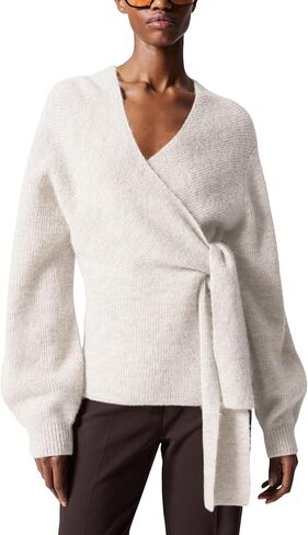 Womens Knitted Wrap Cardigan V Neck Long Sleeve Belted Waist Self Tie Pullover Sweater Tops in Saudi Arabia