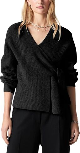 Womens Knitted Wrap Cardigan V Neck Long Sleeve Belted Waist Self Tie Pullover Sweater Tops in Saudi Arabia