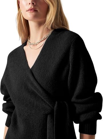 Womens Knitted Wrap Cardigan V Neck Long Sleeve Belted Waist Self Tie Pullover Sweater Tops in Saudi Arabia