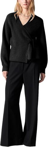 Womens Knitted Wrap Cardigan V Neck Long Sleeve Belted Waist Self Tie Pullover Sweater Tops in Saudi Arabia