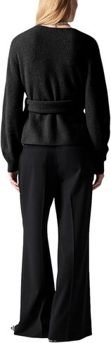 Womens Knitted Wrap Cardigan V Neck Long Sleeve Belted Waist Self Tie Pullover Sweater Tops in Saudi Arabia