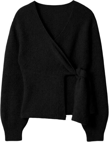 Womens Knitted Wrap Cardigan V Neck Long Sleeve Belted Waist Self Tie Pullover Sweater Tops in Saudi Arabia