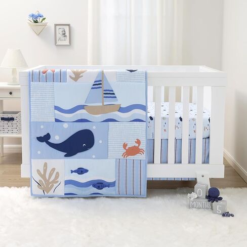 The Peanutshell 3 Piece Nautical Patch Baby Crib Bedding Set Boy, Baby Blanket Quilt, Fitted Crib Sheets for Boys, Navy & Blue Striped Crib Skirt Ocean Nursery Decor Boy in Saudi Arabia