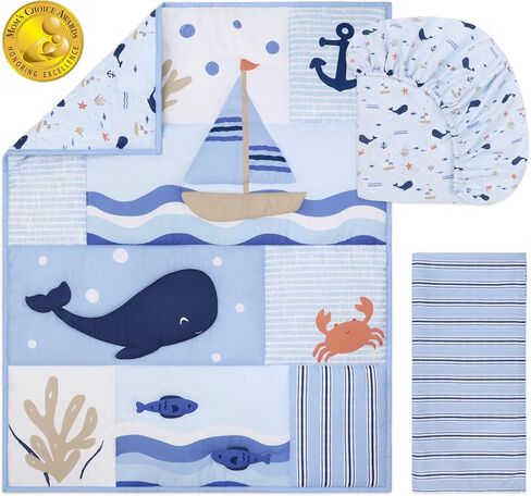 The Peanutshell 3 Piece Nautical Patch Baby Crib Bedding Set Boy, Baby Blanket Quilt, Fitted Crib Sheets for Boys, Navy & Blue Striped Crib Skirt Ocean Nursery Decor Boy in Saudi Arabia