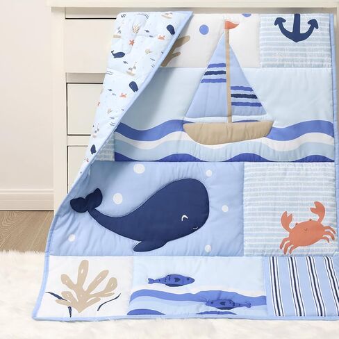 The Peanutshell 3 Piece Nautical Patch Baby Crib Bedding Set Boy, Baby Blanket Quilt, Fitted Crib Sheets for Boys, Navy & Blue Striped Crib Skirt Ocean Nursery Decor Boy in Saudi Arabia