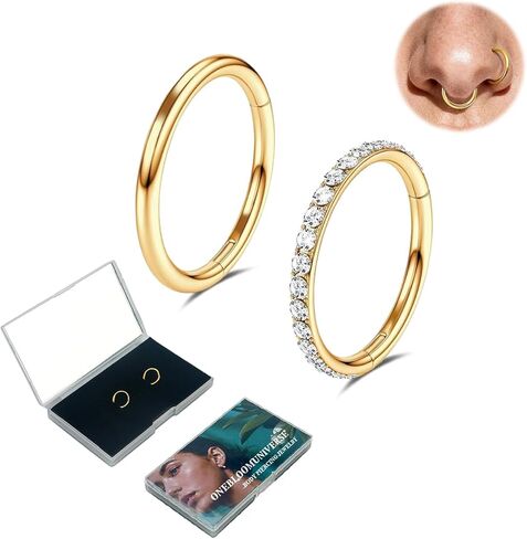 2Pcs 14K Gold Filled Nose Rings Hoops-Hypoallergenic 316L Surgical Steel Cubic Zirconia Nose Hoops 18G Hinged Piercing Jewelry for Nostril rings Septum Clicker Rings Cartilage Helix 8mm in Saudi Arabia