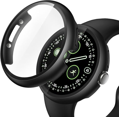 [عبوة من قطعتين] حافظة صلبة للشحن بدون إزالة من JULK لساعة Google Pixel Watch 4 مقاس 45 مم، واقي شاشة مدمج من الزجاج المقسى، غطاء كمبيوتر واقٍ خفيف الوزن سهل التركيب، أسود غير لامع in Kuwait