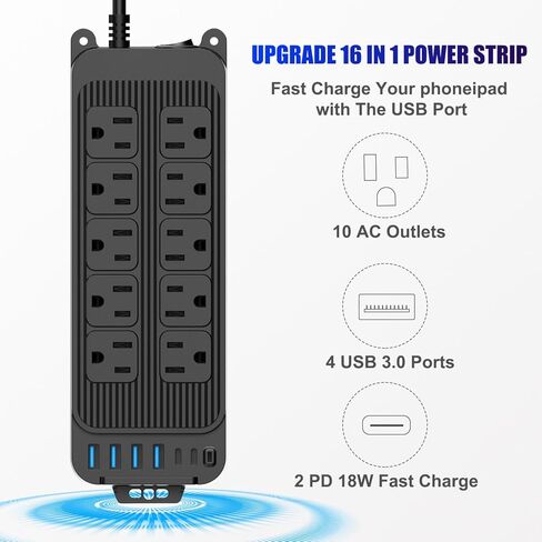 Power Strip Surge Protector, 10 Outlets with 4 USB and 2 Type C Port for Multiple Devices, 3.9ft Extension Cord, 18W Power Delivery Charging for Home, Office, Dorm Essential in Saudi Arabia