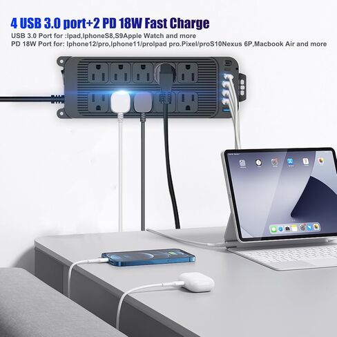 Power Strip Surge Protector, 10 Outlets with 4 USB and 2 Type C Port for Multiple Devices, 3.9ft Extension Cord, 18W Power Delivery Charging for Home, Office, Dorm Essential in Saudi Arabia
