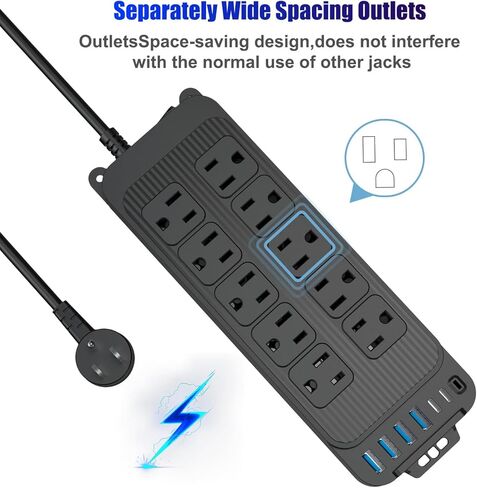 Power Strip Surge Protector, 10 Outlets with 4 USB and 2 Type C Port for Multiple Devices, 3.9ft Extension Cord, 18W Power Delivery Charging for Home, Office, Dorm Essential in Saudi Arabia