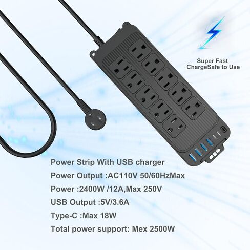 Power Strip Surge Protector, 10 Outlets with 4 USB and 2 Type C Port for Multiple Devices, 3.9ft Extension Cord, 18W Power Delivery Charging for Home, Office, Dorm Essential in Saudi Arabia